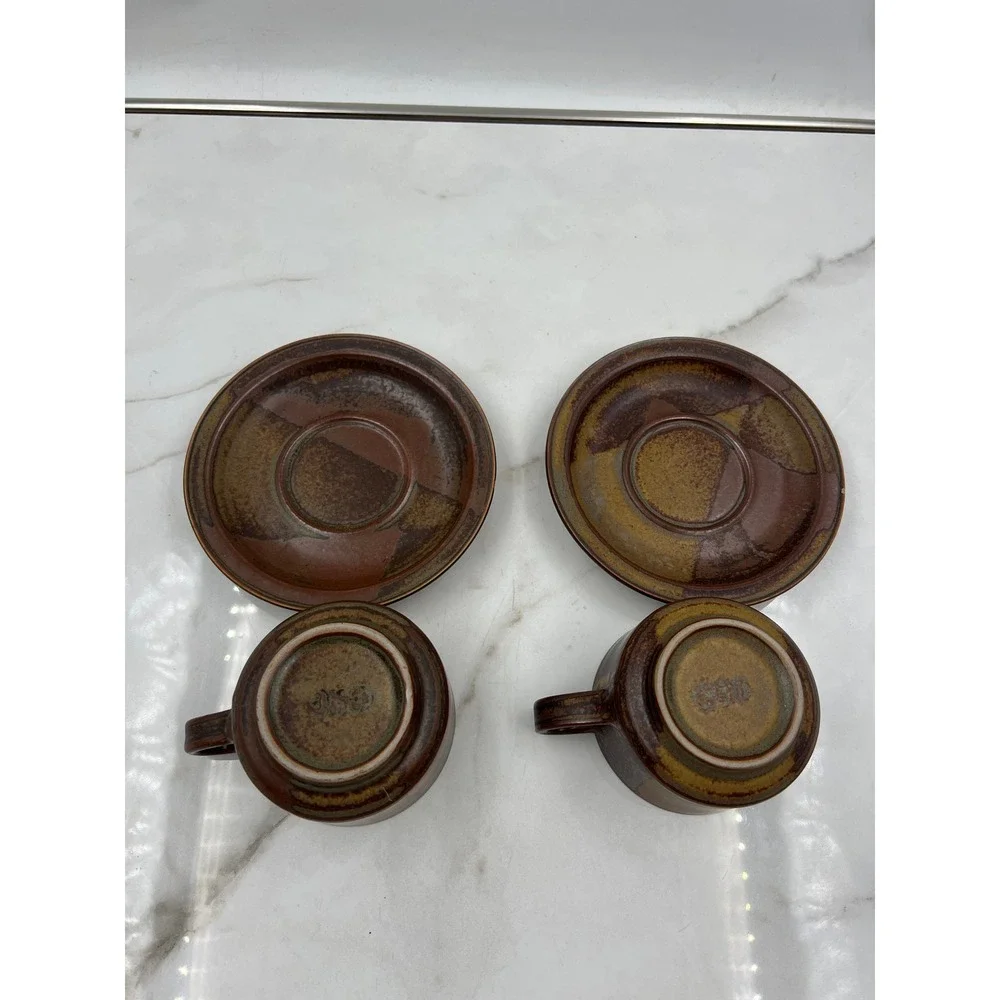 Iron Mountain Stoneware Roan Mountain Brown Cups and Saucers Artist Signed